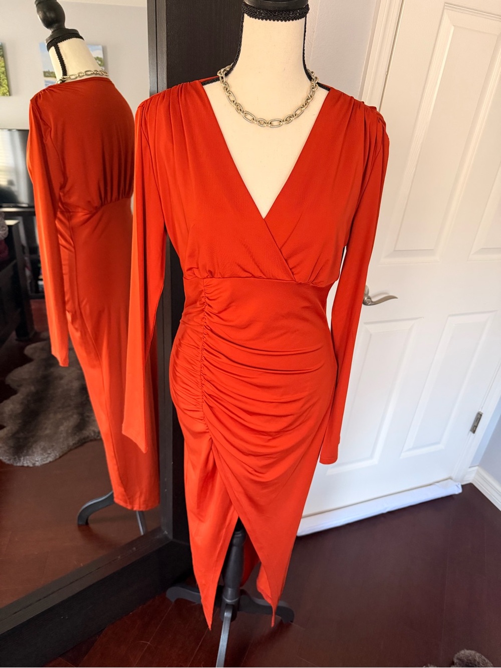 Elegant Rust Orange Wrap Ruched Long-Sleeve Dress